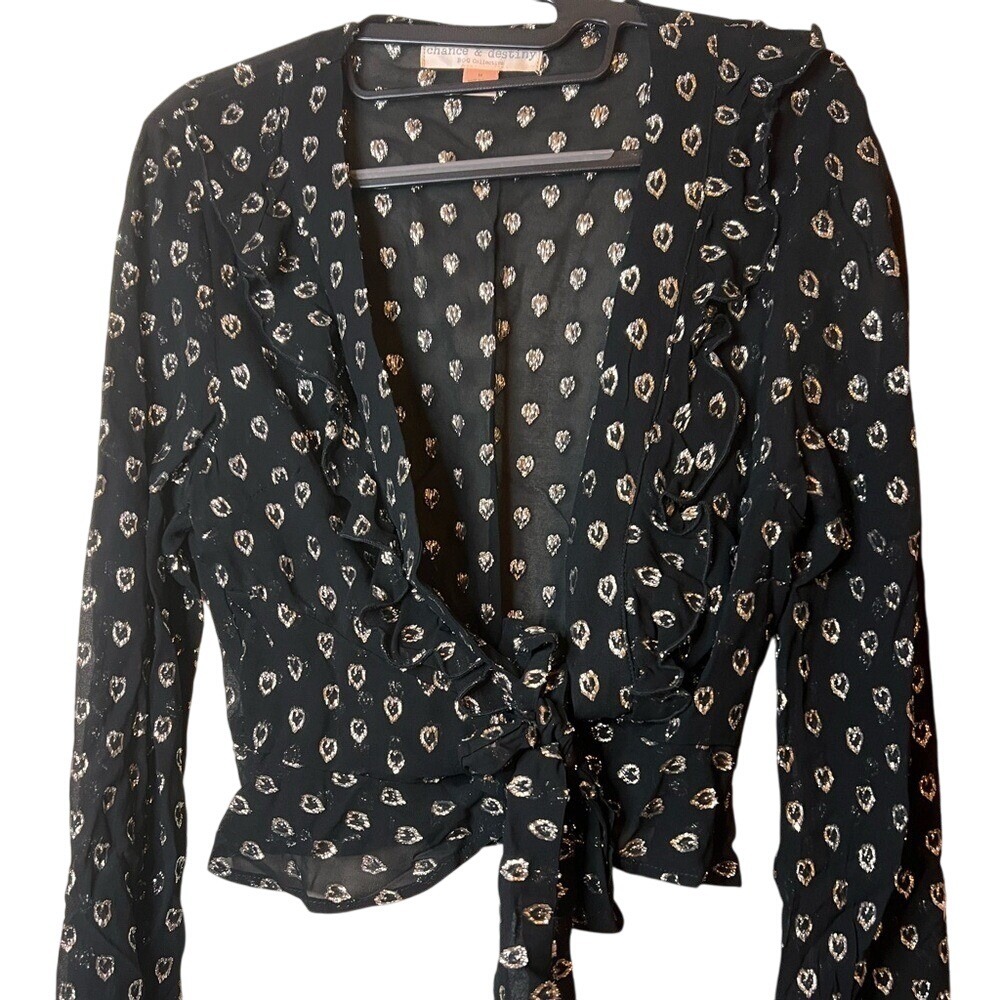 Maurices Chance‎ & Destiny Blouse Tied Waist Silver Sparkly Hearts Crop Women M